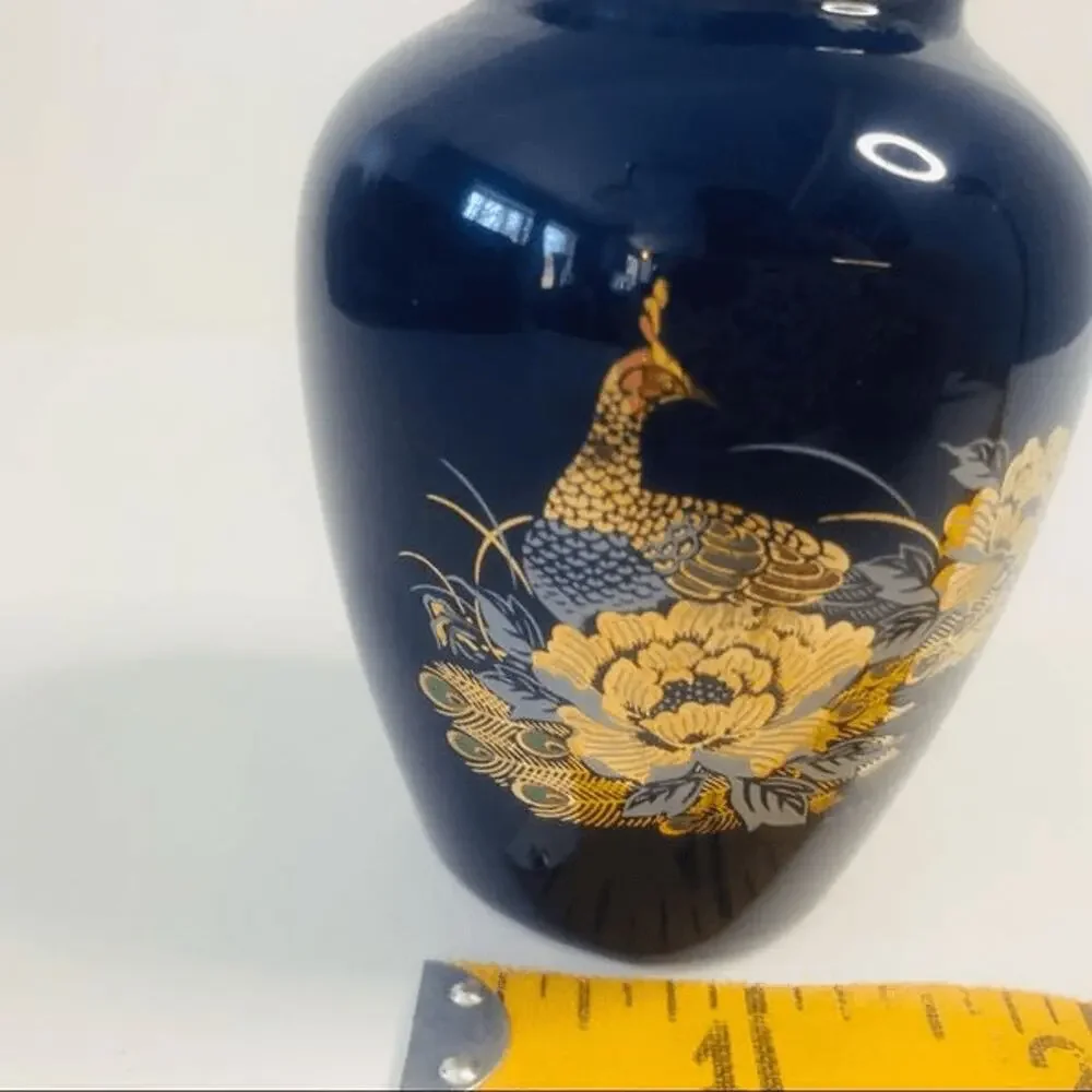 Vintage Cobalt Blue Peacock Bud Vase‎ Gold Floral Ceramic Small Decorative 3 IN